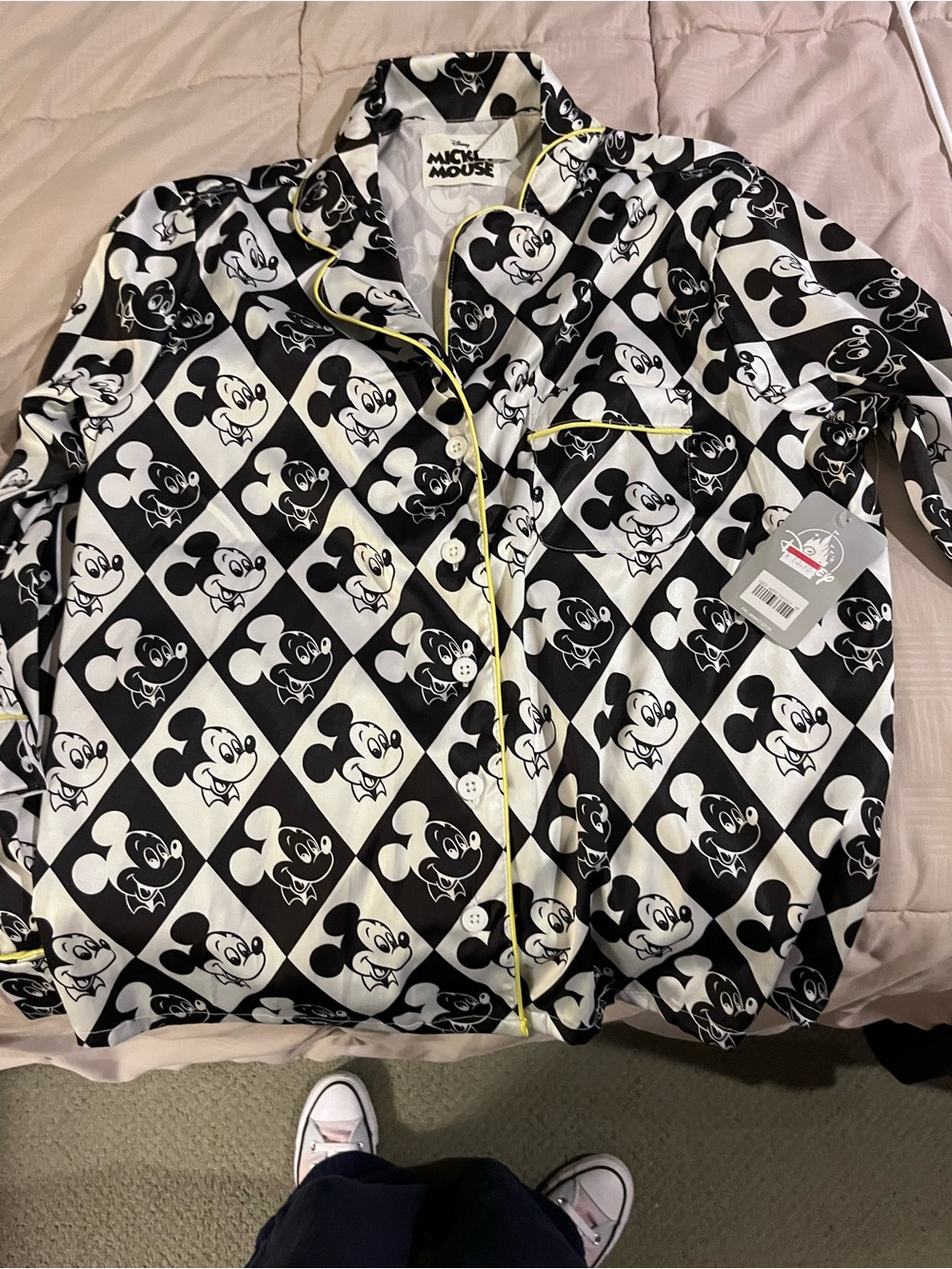 Disney Black and White Mickey Mouse Satin Shirt with Yellow Accents